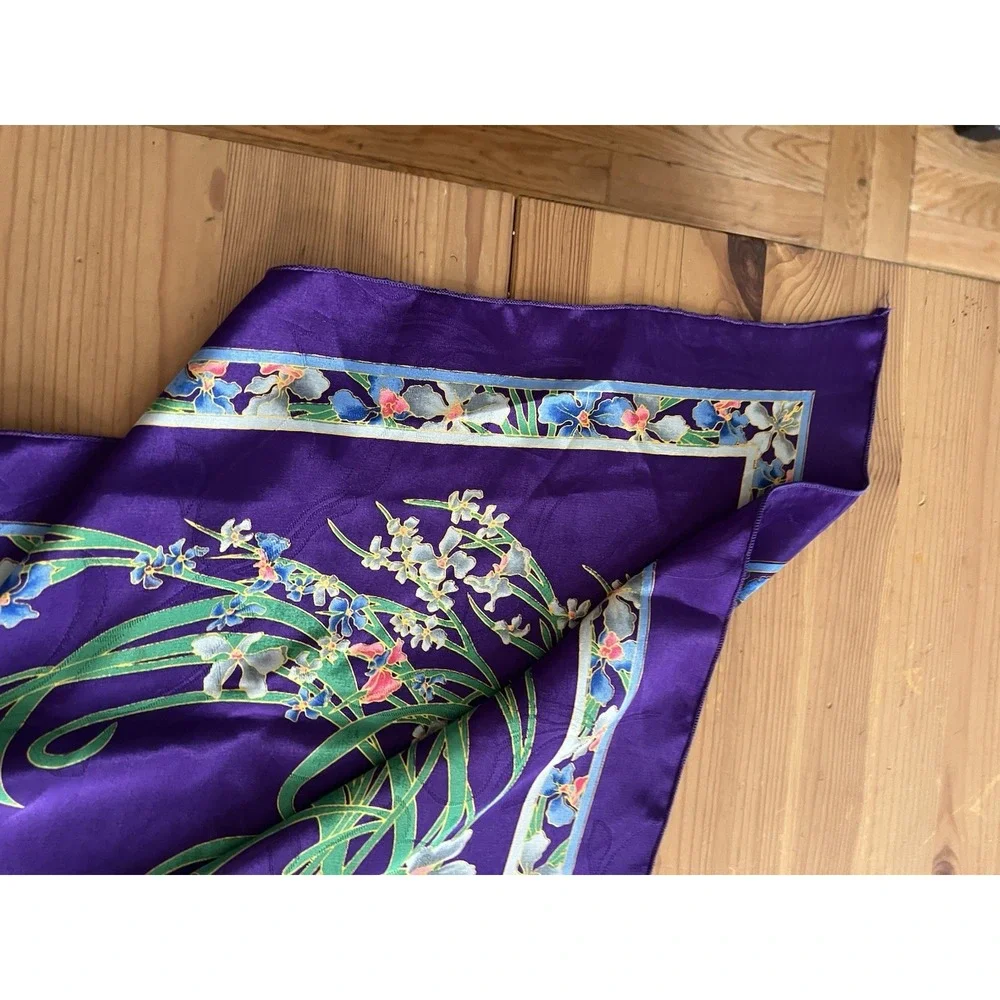Vintage Floral Silk Scarf Purple Blue Pink Orchid Print Square Retro 34x33